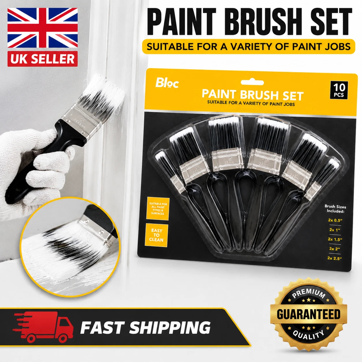 BLOC 10-Piece Paint Brush Set Suitable for All Paint Types & Surfaces