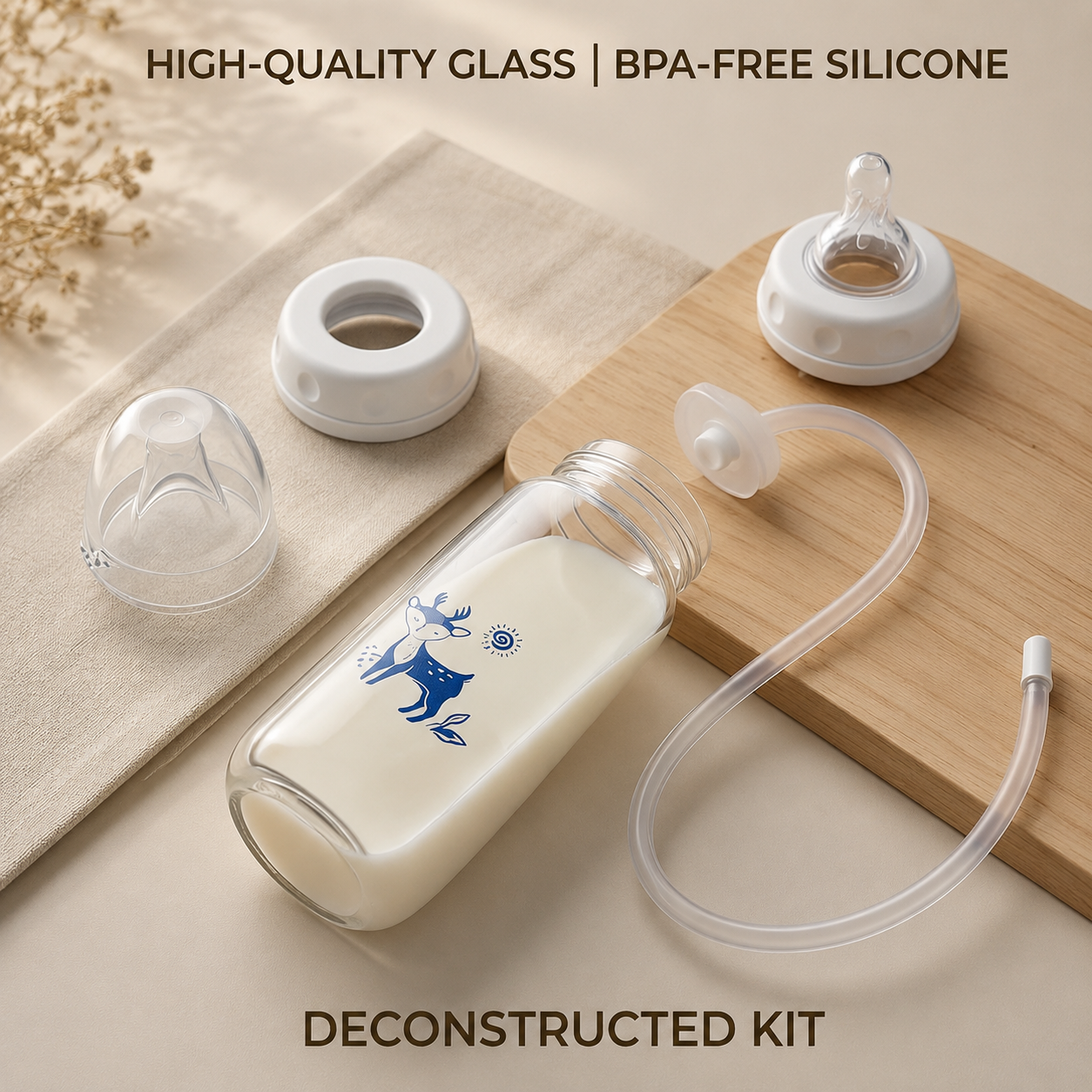 Hands-Free Baby Feeding Bottle 240ml with Silicone Straw Baby Feeder