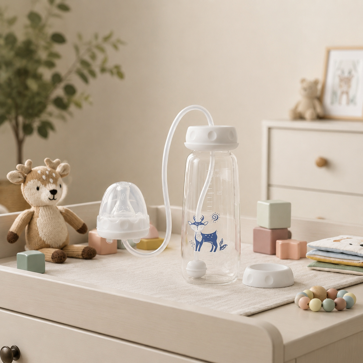 Hands-Free Baby Feeding Bottle 240ml with Silicone Straw Baby Feeder