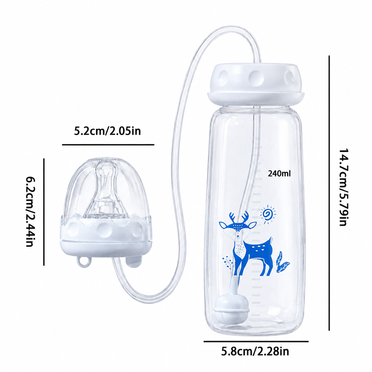 Hands-Free Baby Feeding Bottle 240ml with Silicone Straw Baby Feeder