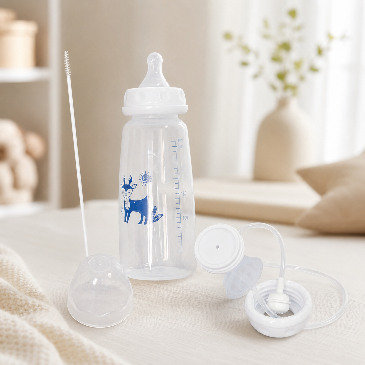 Hands-Free Baby Feeding Bottle 240ml with Silicone Straw Baby Feeder