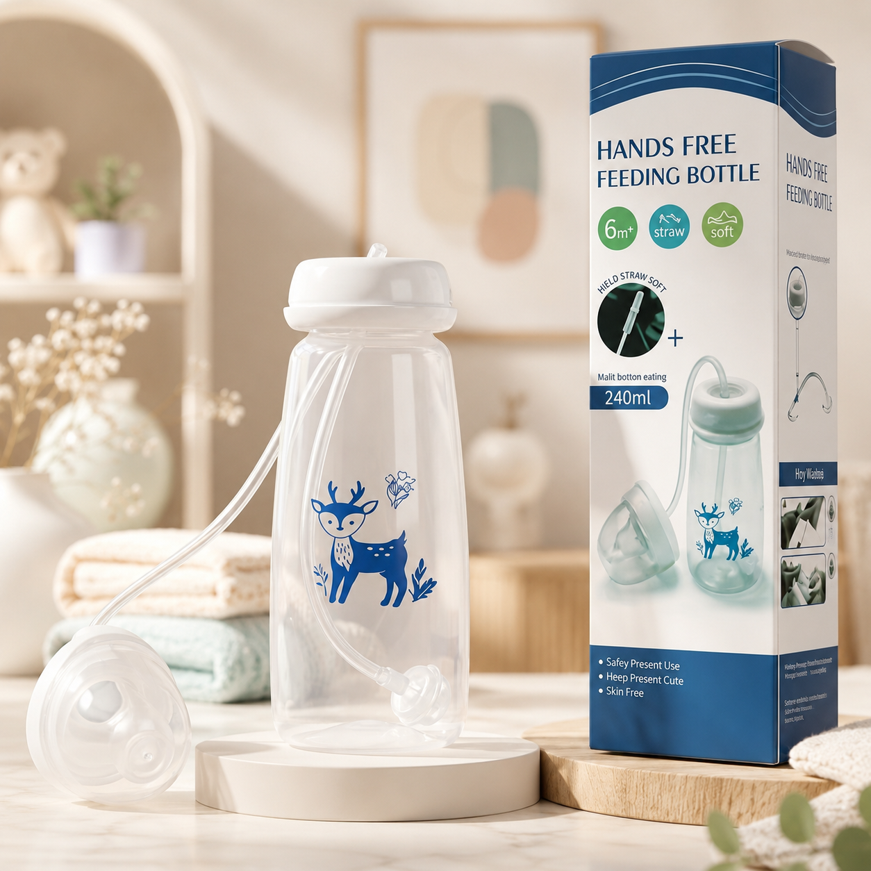 Hands-Free Baby Feeding Bottle 240ml with Silicone Straw Baby Feeder