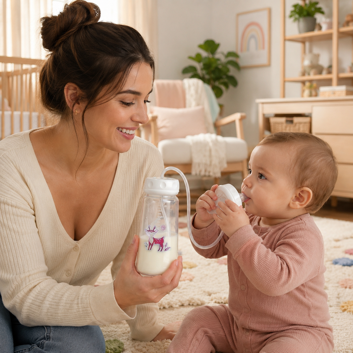 Hands-Free Baby Feeding Bottle with Silicone Straw & Nipple Baby Feeder
