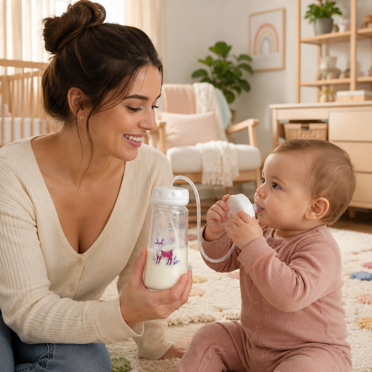 Hands-Free Baby Feeding Bottle with Silicone Straw & Nipple Baby Feeder