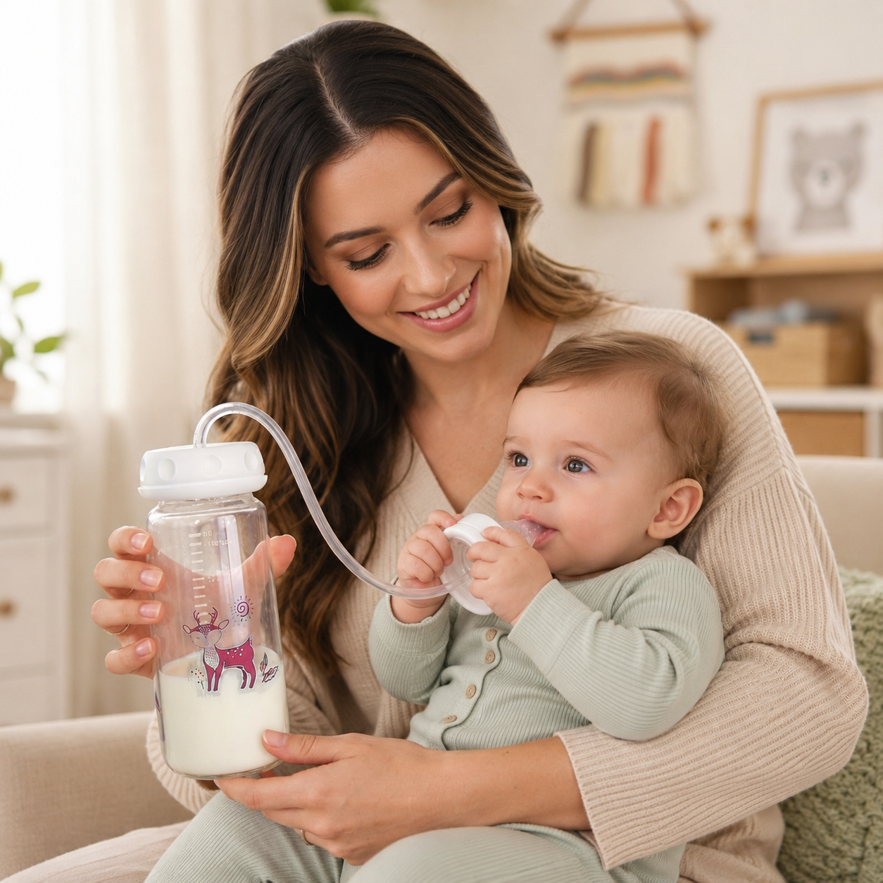Hands-Free Baby Feeding Bottle with Silicone Straw & Nipple Baby Feeder