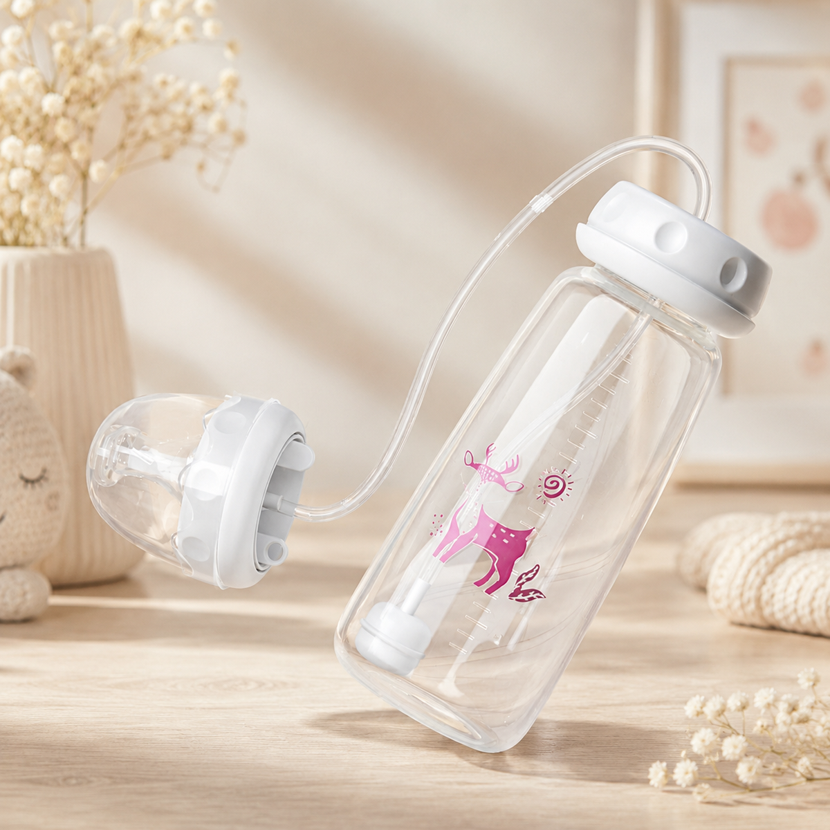 Hands-Free Baby Feeding Bottle with Silicone Straw & Nipple Baby Feeder