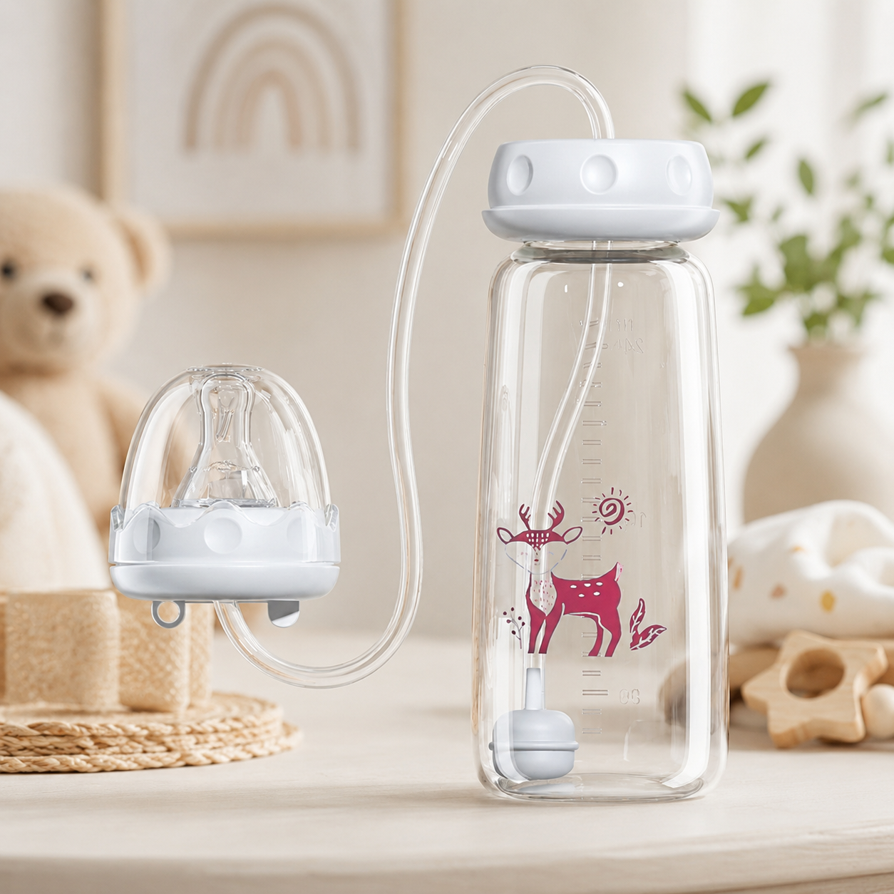 Hands-Free Baby Feeding Bottle with Silicone Straw & Nipple Baby Feeder