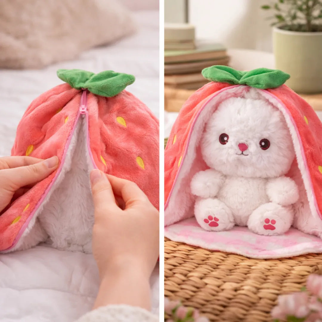 Easter Bunny Plush in Carrot Strawberry Pouch Rabbit for Party Decor (Pink)