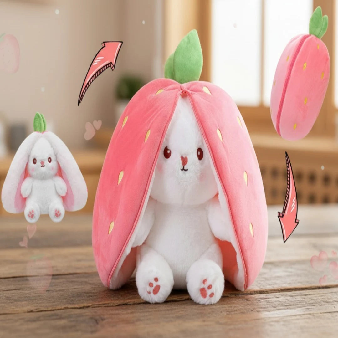 Easter Bunny Plush in Carrot Strawberry Pouch Rabbit for Party Decor (Pink)