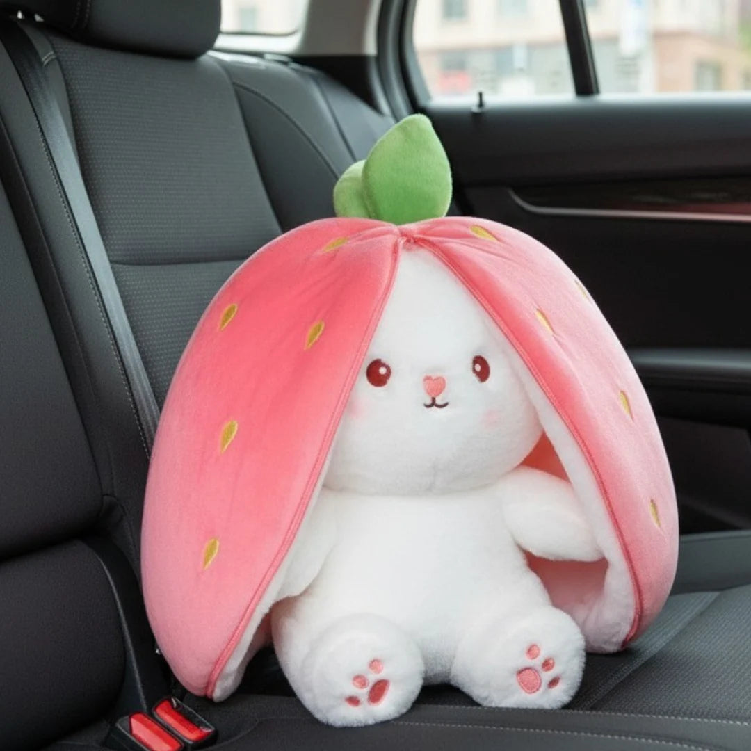 Easter Bunny Plush in Carrot Strawberry Pouch Rabbit for Party Decor (Pink)
