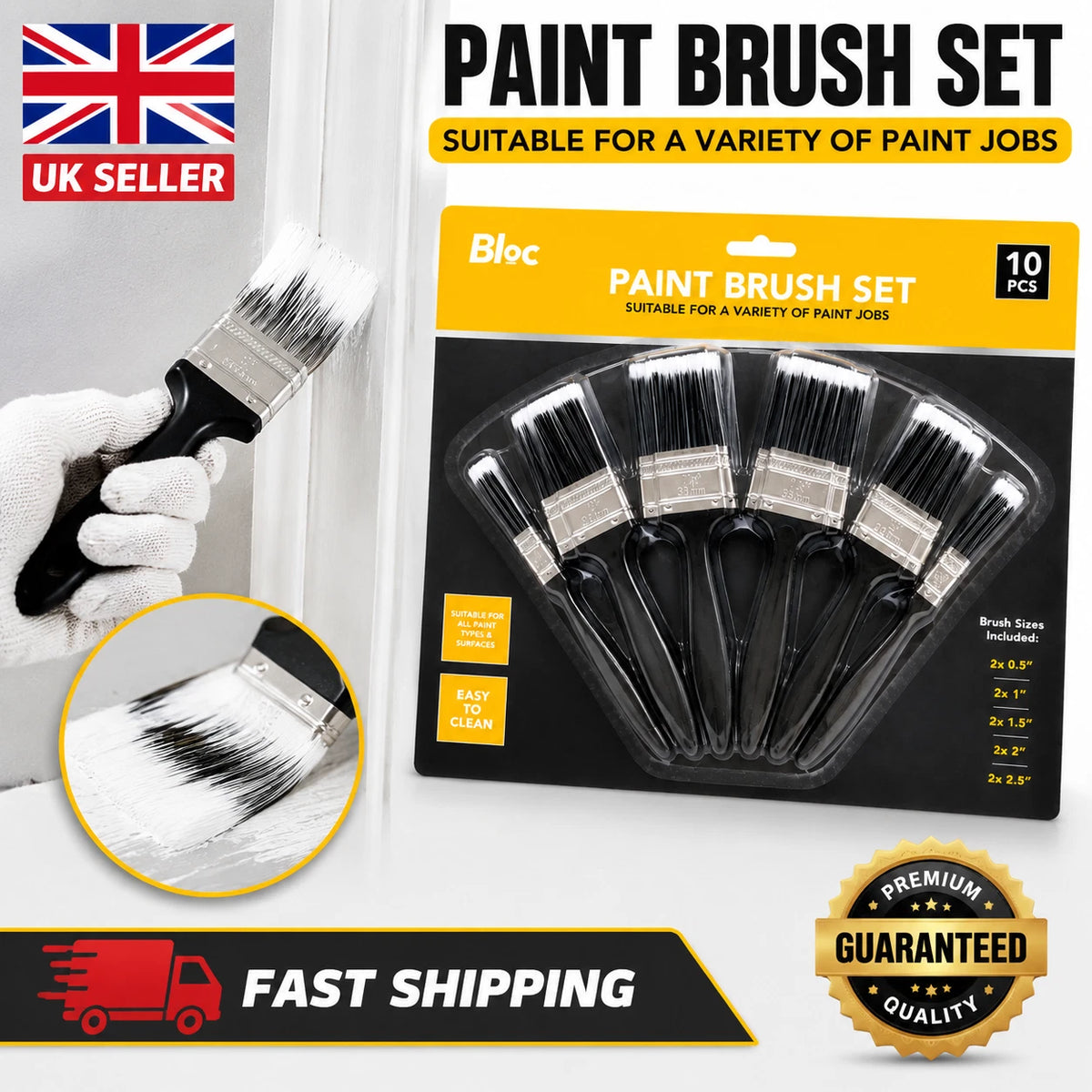 BLOC 10-Piece Paint Brush Set Suitable for All Paint Types & Surfaces